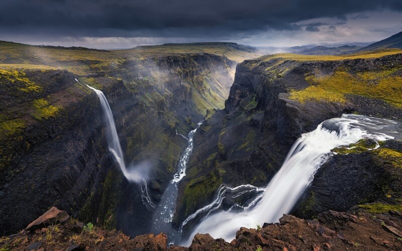 Two Waterfalls in Canyon — Green, Dramatic, Photograph, Clouds
