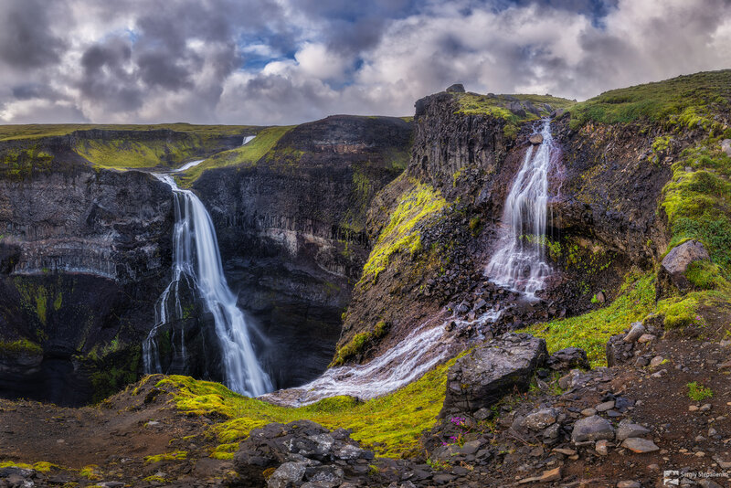 Two Waterfalls in Canyon — Green, Dramatic, Photograph, Moss