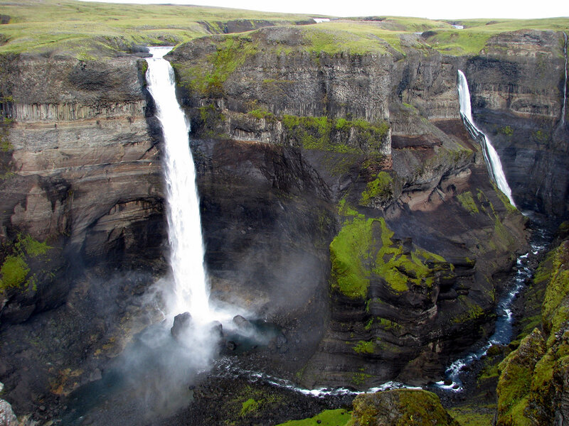 Two Waterfalls in Canyon — Green, Dramatic, Photograph