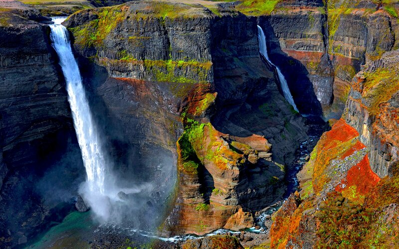Two Waterfalls in Canyon — Green, Dramatic