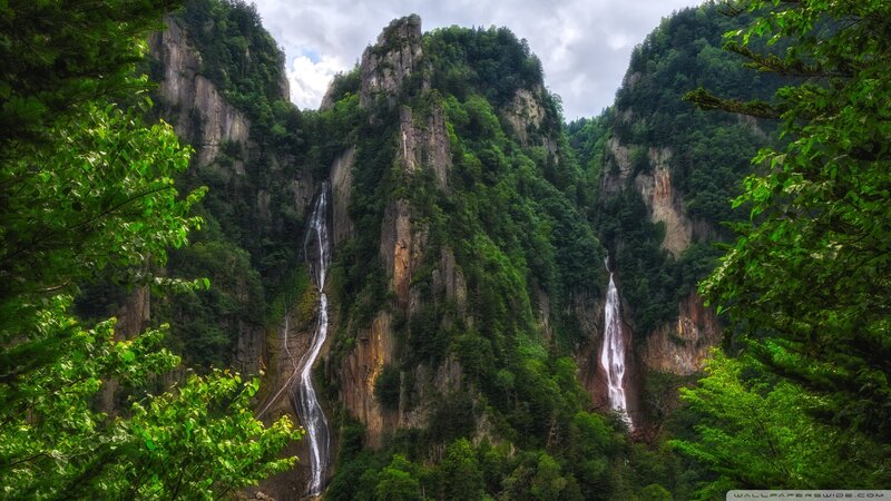 Two Waterfalls in Canyon — Green, Serene, Afternoon
