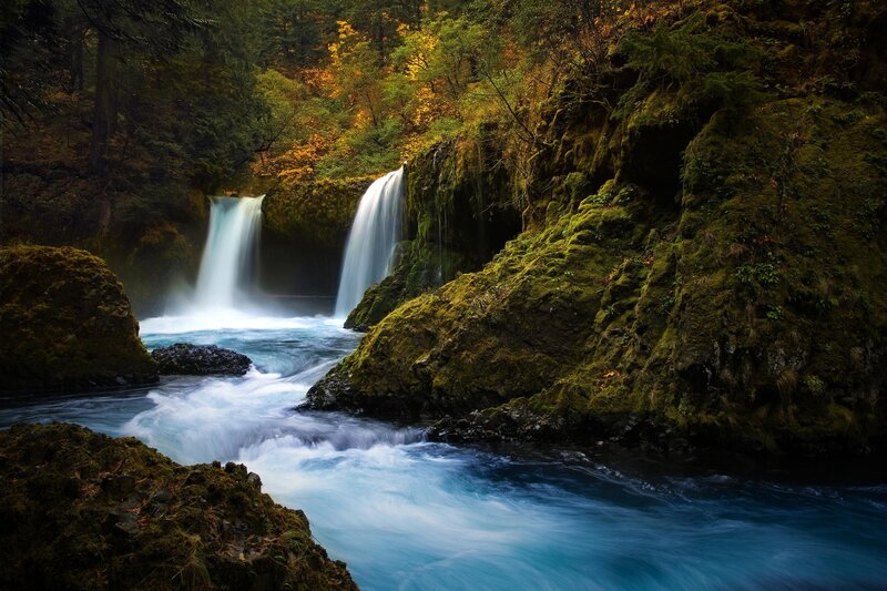 Two Waterfalls in Forest — Blue, Serene