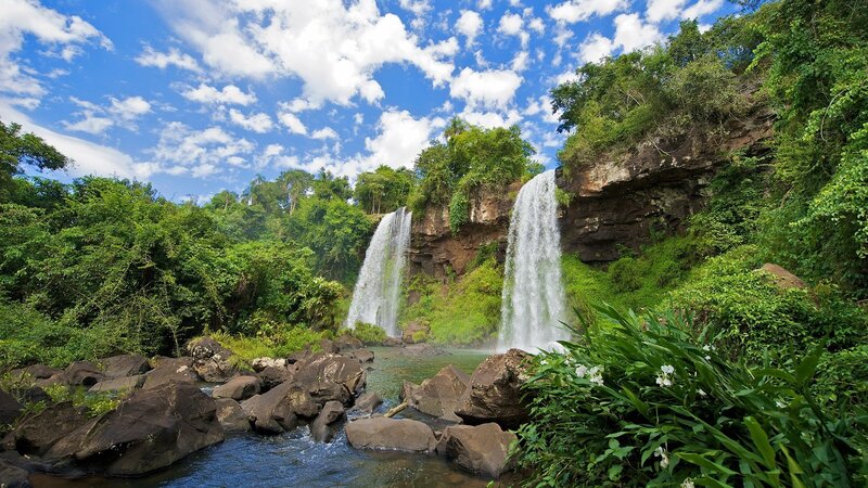 Two Waterfalls in Forest — Green, Serene, Afternoon, Photograph, Trees, Rocks, River, Blue