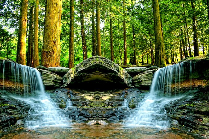 Two Waterfalls in Forest — Green, Serene, Afternoon, Photograph, Trees, Rocks
