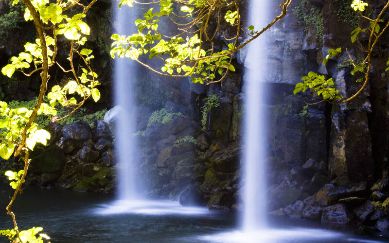 Two Waterfalls in Forest — Green, Serene, Afternoon
