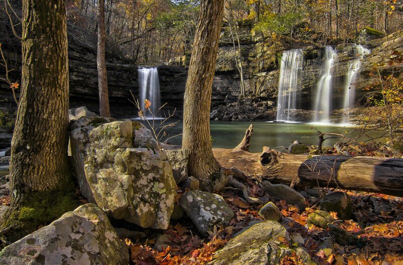 Two Waterfalls in Forest — Green, Serene, Autumn