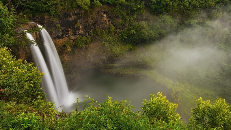 Two Waterfalls in Forest — Green, Serene, Morning, Photograph, Mist