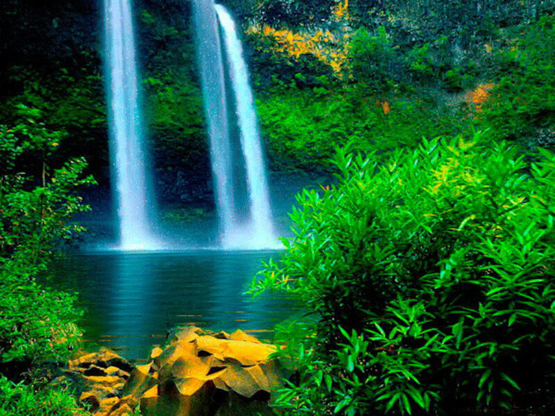 Two Waterfalls in Forest — Green, Serene, Photograph, Pool, Rocks