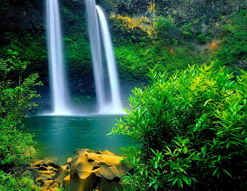 Two Waterfalls in Forest — Green, Serene, Photograph, Pool