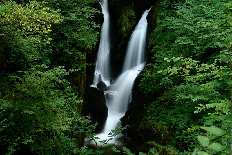 Two Waterfalls in Forest — Green, Serene, Photograph