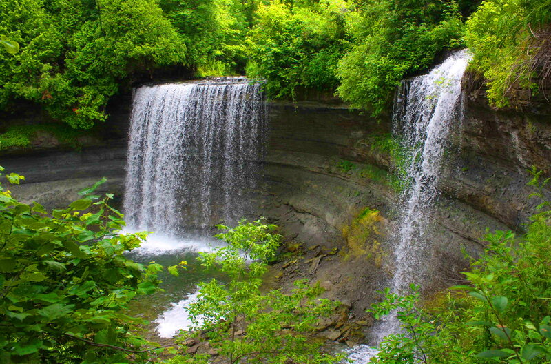 Two Waterfalls in Forest — Green, Serene, Summer