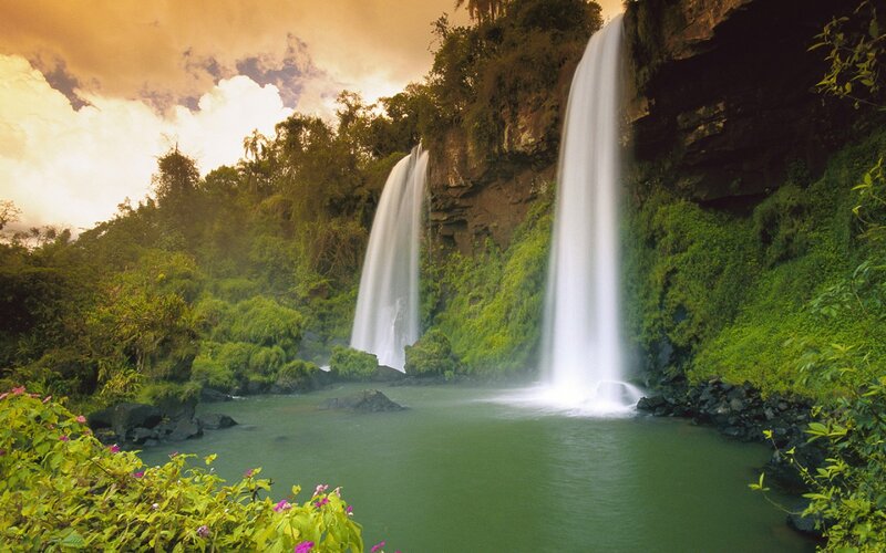 Two Waterfalls in Jungle — Green, Serene, Afternoon, Photograph, River
