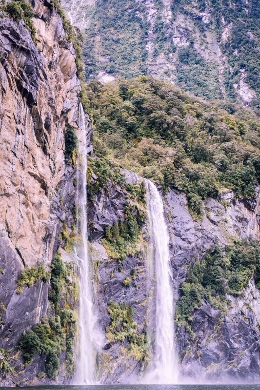 Two Waterfalls on Cliff — Green, Dramatic, Photograph