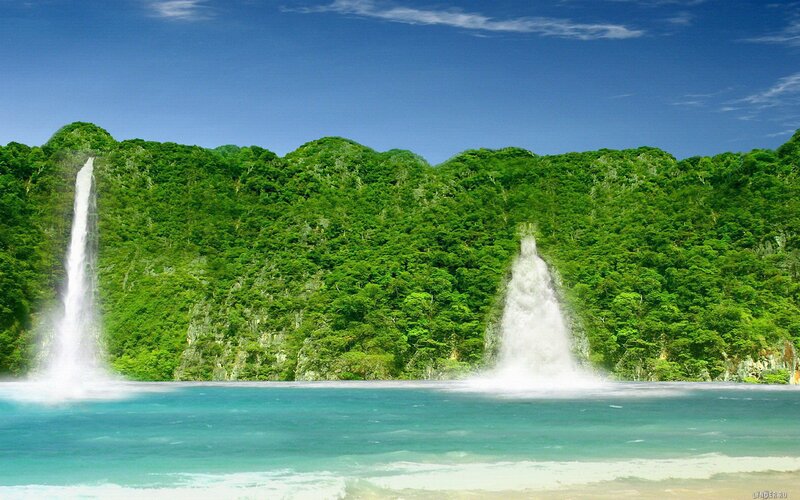 Two Waterfalls on Cliff — Green, Serene, Afternoon