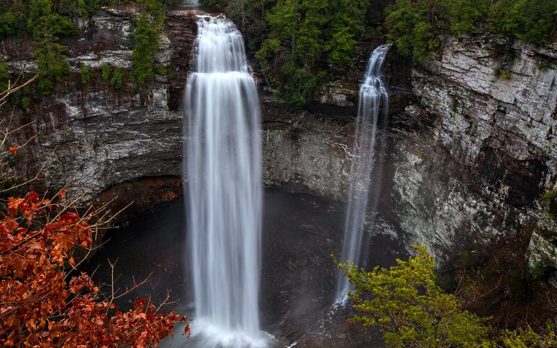 Two Waterfalls on Cliff — Green, Serene