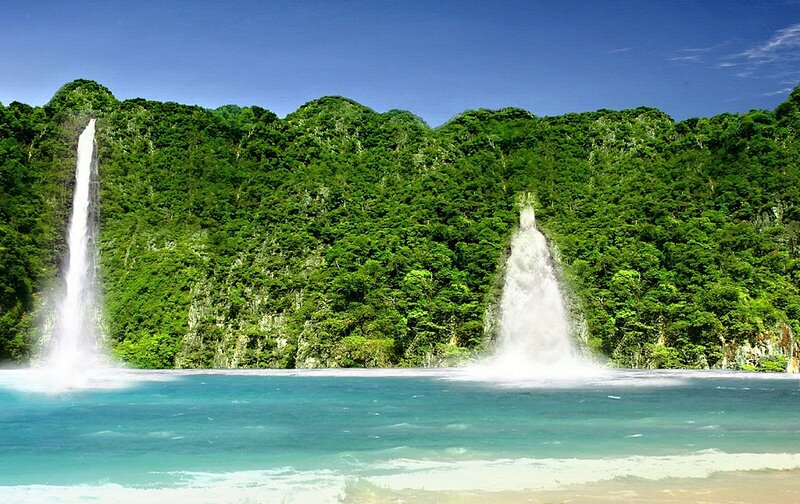 Two Waterfalls on Cliff — Green