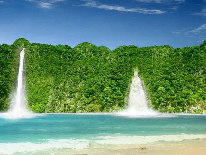 Two Waterfalls on Island — Blue