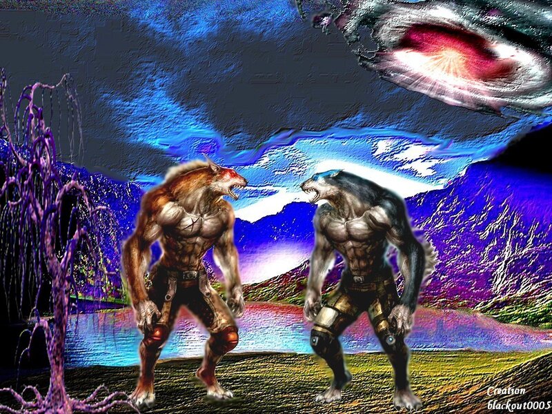 Two Werewolves Fighting — Blue