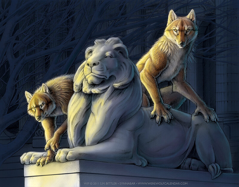 Two Werewolves with Lion Statue