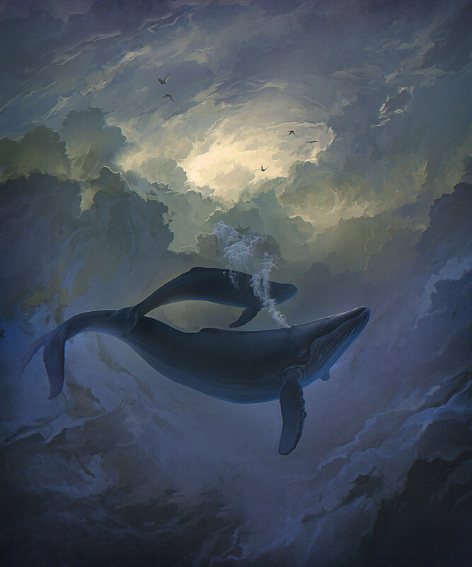 Two Whales Swimming — Blue, Dramatic