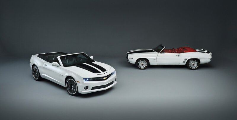 Two white Camaro convertibles