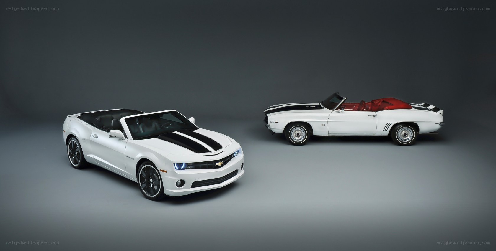 Two white Camaro convertibles