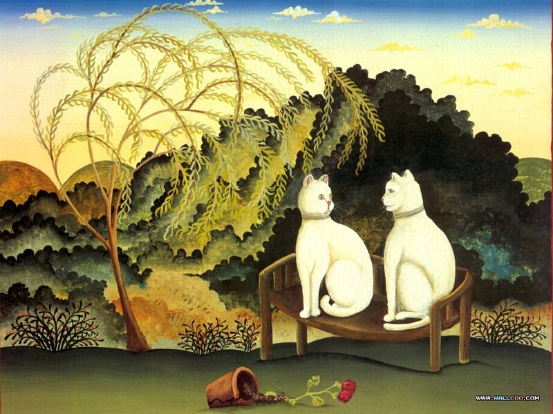 Two White Cats on Bench