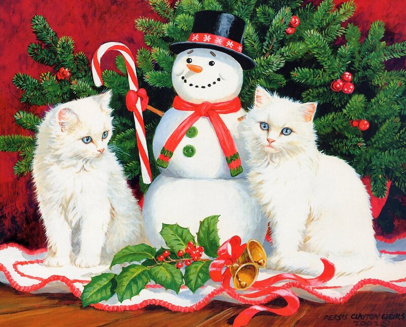 Two White Cats with Snowman