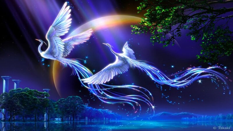 Two White Cranes Flying — Purple