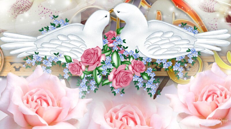 Two White Doves with Flowers