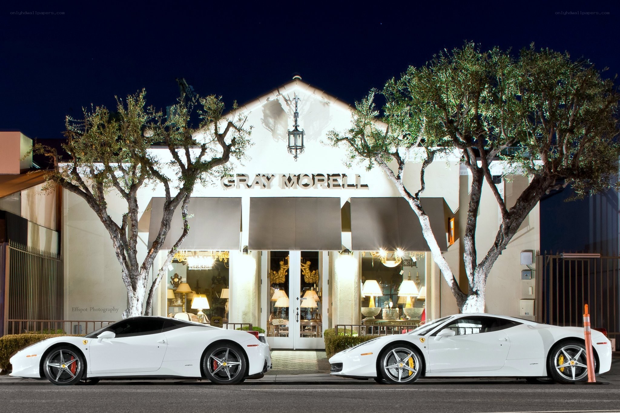 Two white Ferraris outside Gray Morell