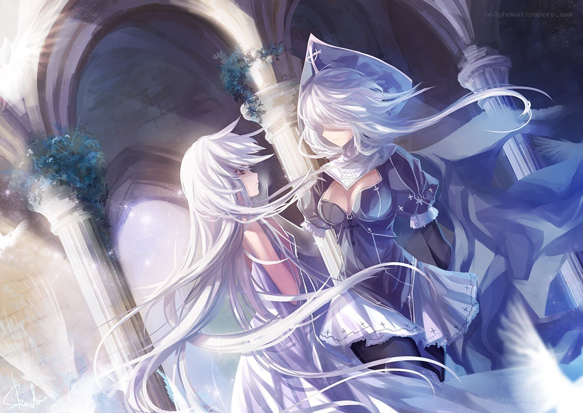 Two white-haired girls in a cathedral