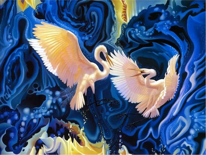 Two White Herons — Blue, Dramatic