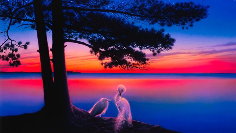 Two White Herons — Blue, Serene