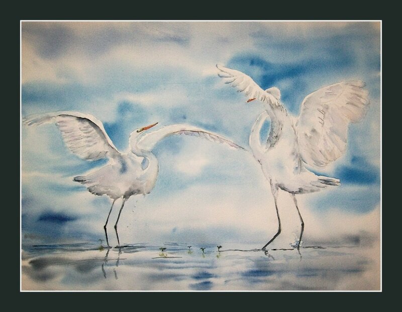 Two White Herons — Serene, Painting