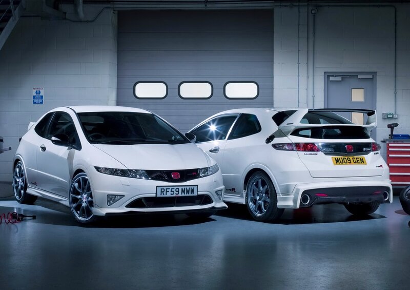 Two white Honda Civic Type R cars