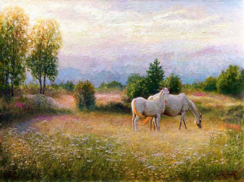 Two White Horses Grazing