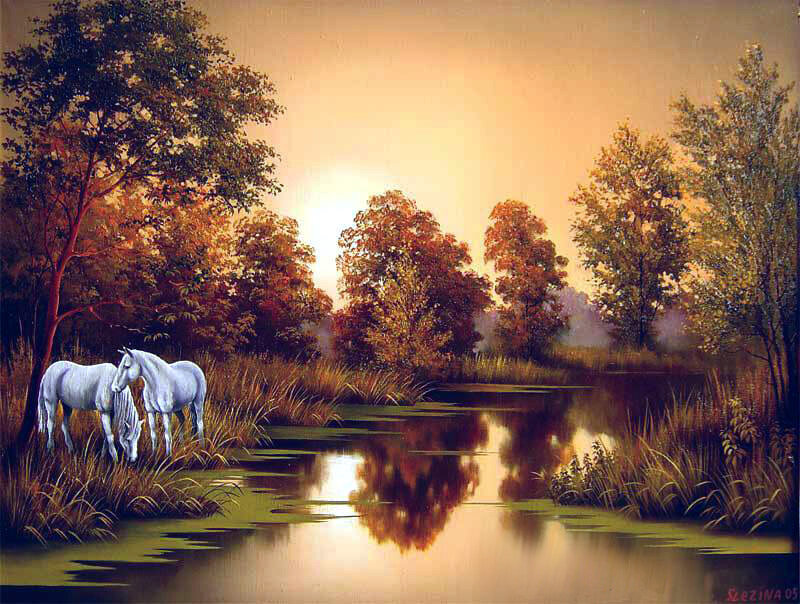 Two White Horses — Orange, Serene