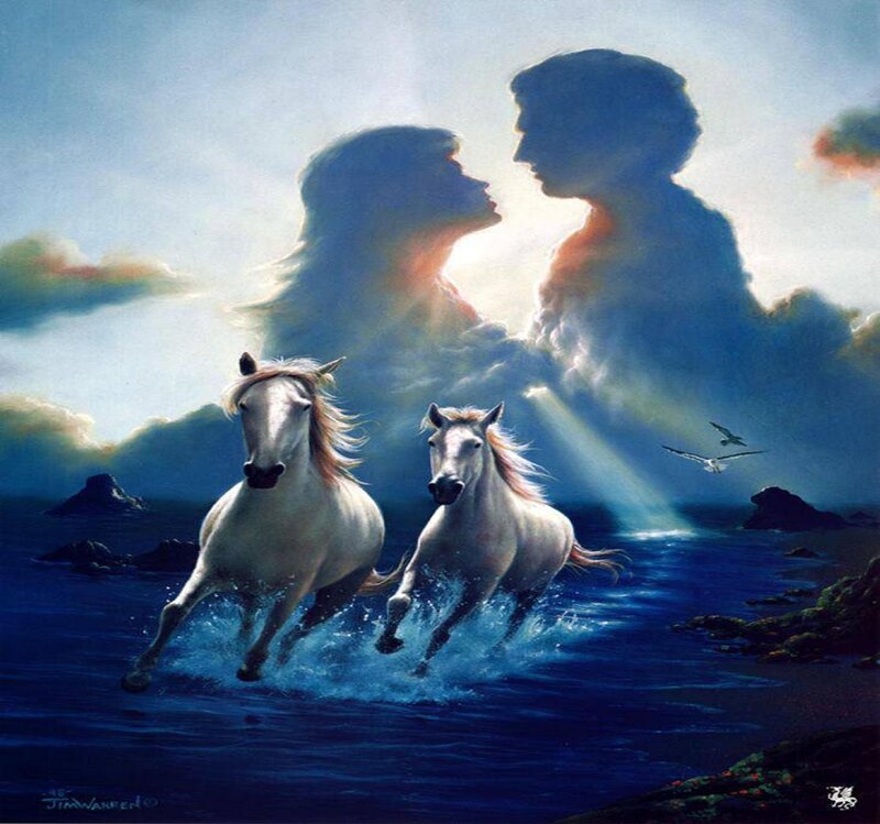 Two White Horses Running — Blue, Dramatic, Sunrise