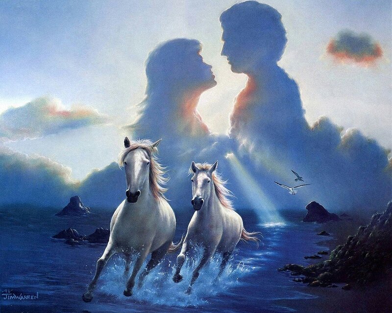 Two White Horses Running — Blue, Dramatic, Sunset