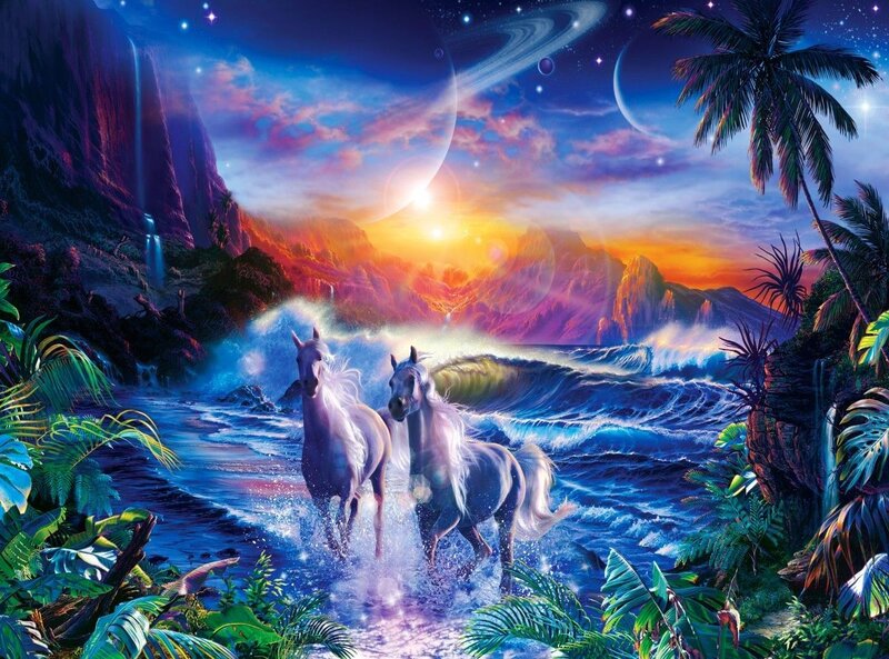 Two White Horses Running — Blue, Fantasy