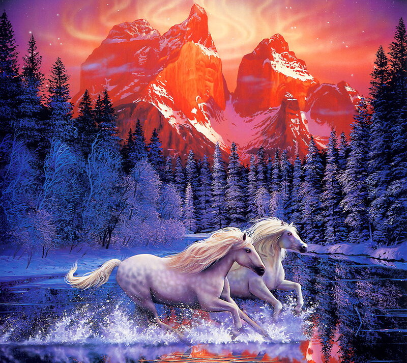 Two White Horses Running — Purple