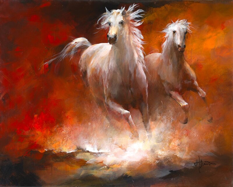 Two White Horses Running — Red