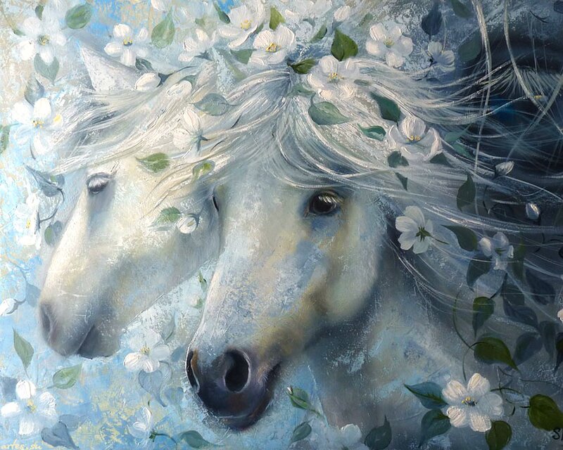 Two White Horses — Serene, Painting, Flowers