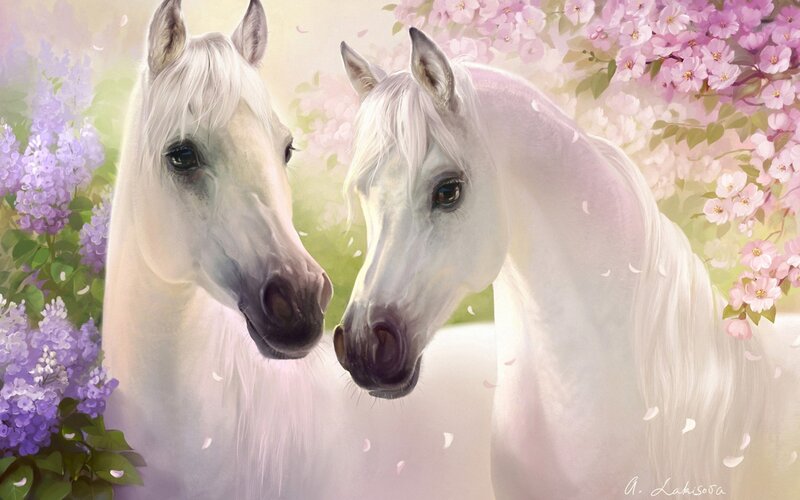 Two White Horses — Serene, Spring, Digital Art, Flowers