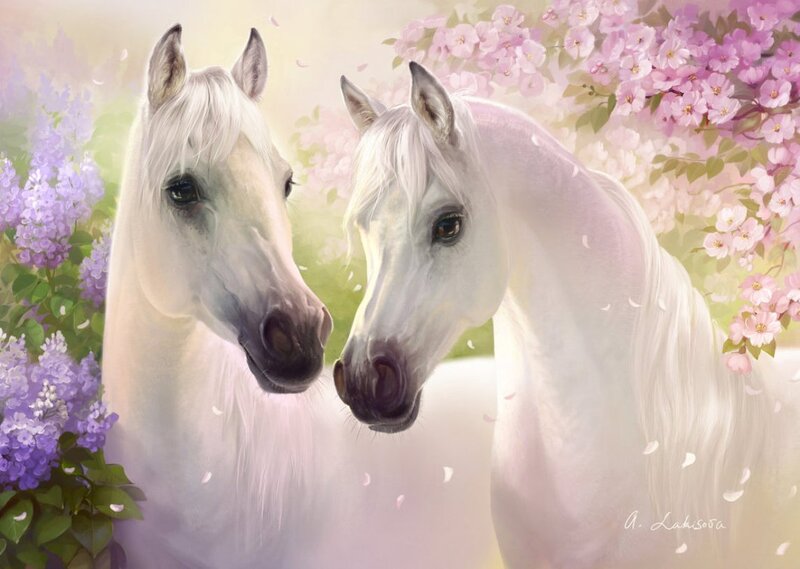 Two White Horses — Serene, Spring, Digital Art