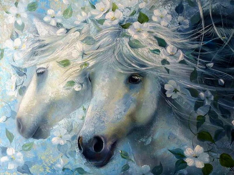 Two White Horses — Serene, Spring, Painting