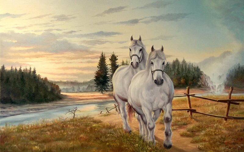 Two White Horses — Serene, Sunset