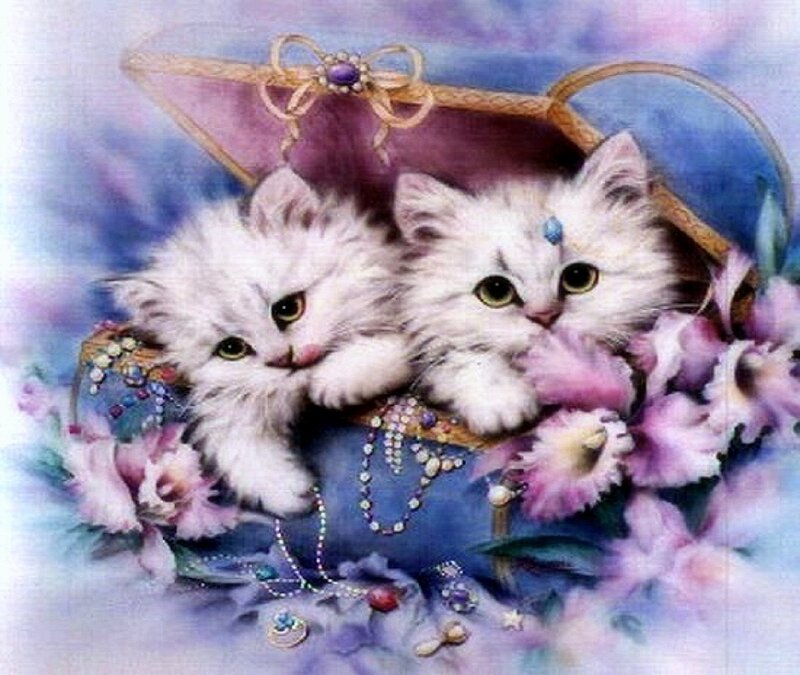 Two White Kittens in Basket — Whimsical