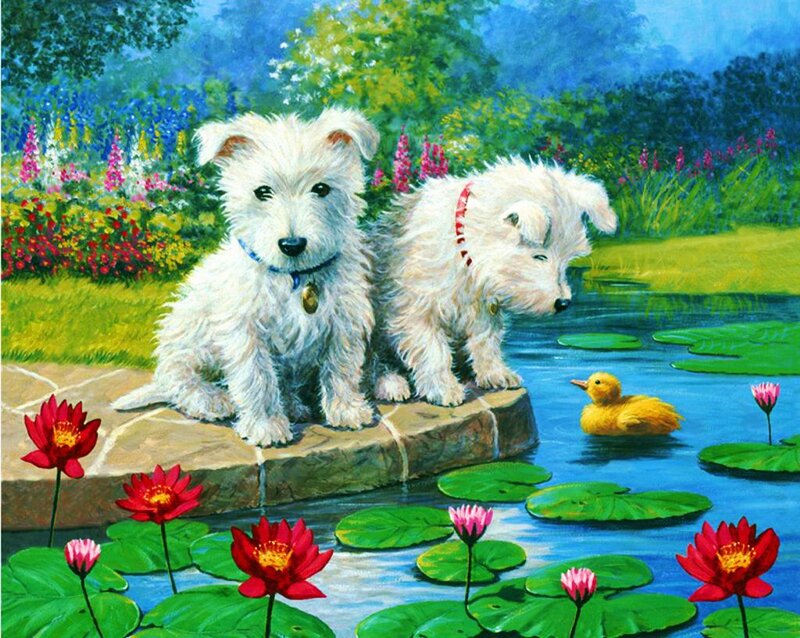Two White Puppies — Green, Serene, Afternoon